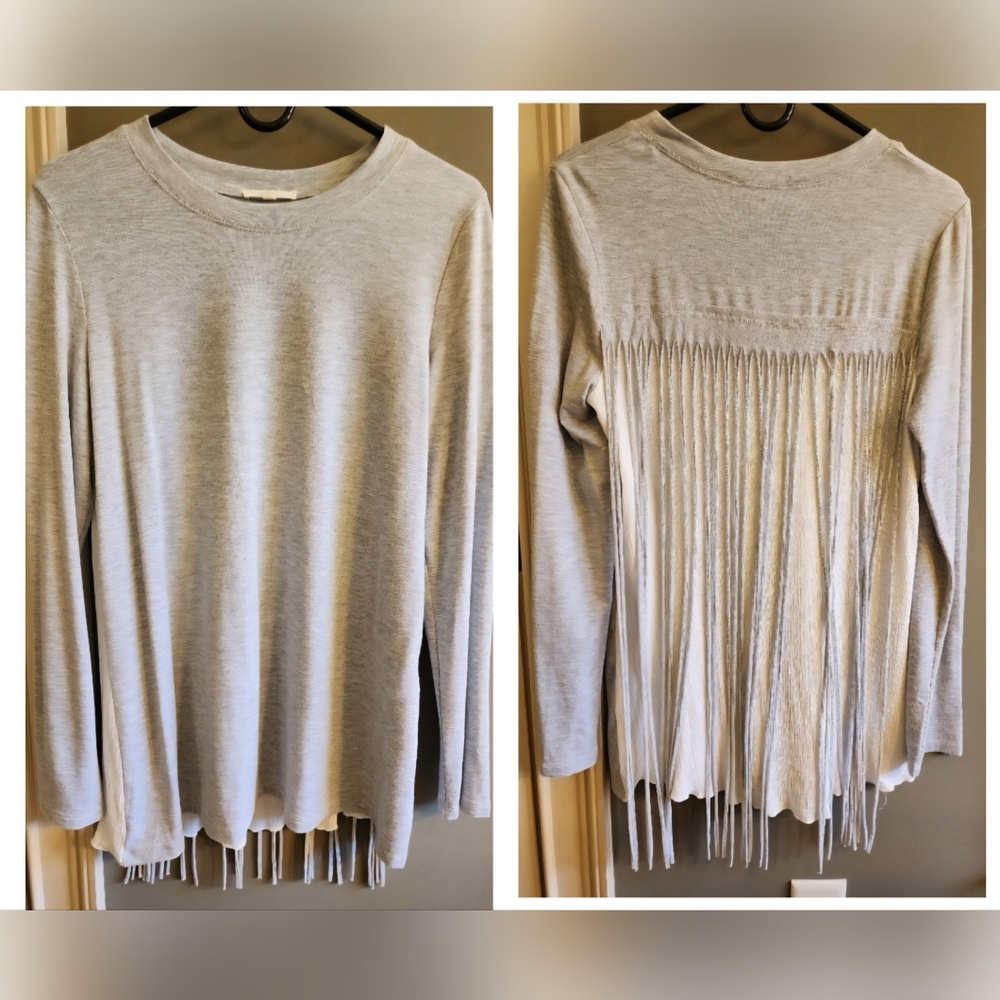 Easel Women's Top Shirt Sweater Fringe Back Long Sleeve Heather Gray Boho Size S